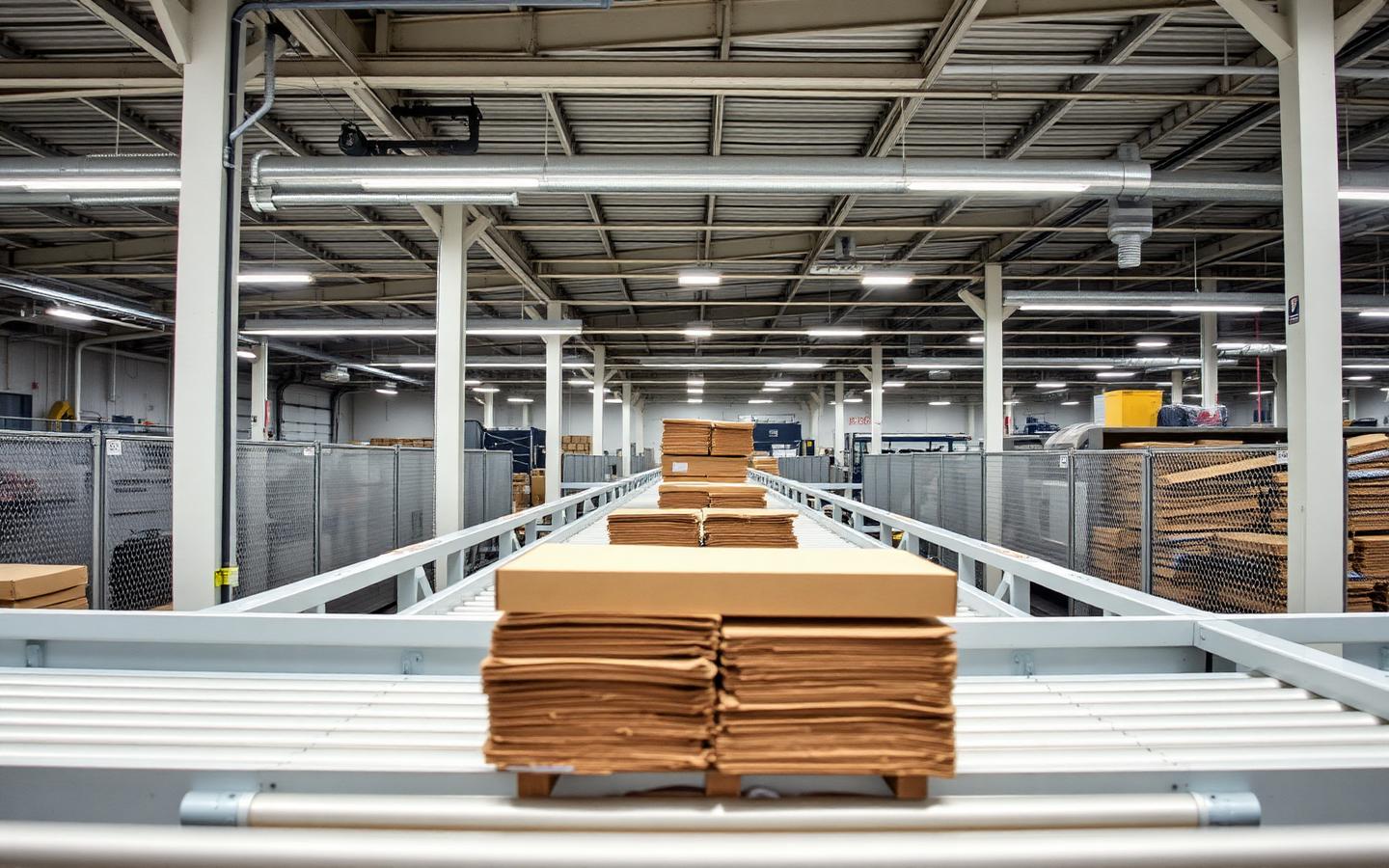 Recycling sorting line processing baled cardboard at a materials recovery facility